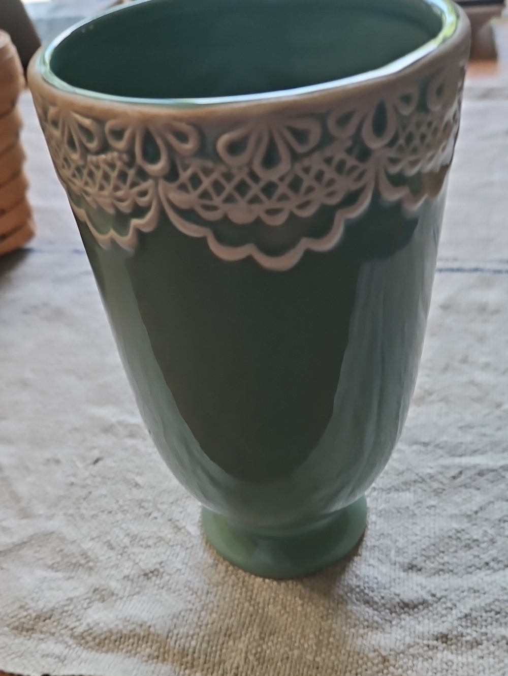 Green Decorative Ceramic Vase with Lace Relief